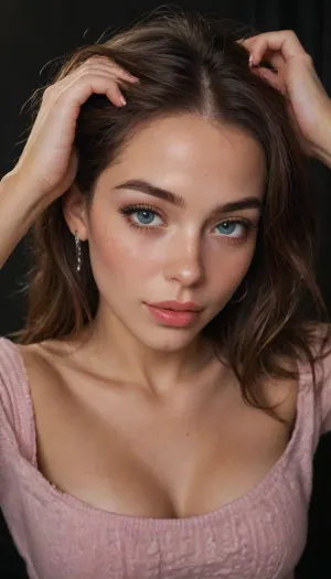 night scene, dark background, waist up portrait, (score_9, score_8_up, 1girl), sharp focus, high saturation, high contrast, high angle, focus on eyes, perfect eyes, perfect hands, brunette, heavy smokey eye makeup, very long eyelashes, mascara, eye liner, full lips, heavy glossy lipstick, elegant facial features, pale skin with deep tan and tanlines, freckles, dimples, horny girl, pink sweater, (natural breasts, cleavage, loose comfy sweater, tan lines, nipple slip, romantic esthetic, cozy bedroom, intimate moment:1.2), (seductive smile expression, freckles, blushing, flushed face, seductive pose, hand up, hand in hair:1.4), igbaddie, <lora:igbaddie-XL:1.2>, <lora:add-detail-xl:1.1>