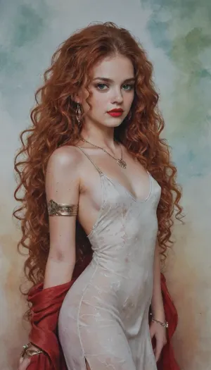 In your long dress you looked like a watercolor by Marie Laurencin, (Young Redhead female, very very long red curly hair, dark green eyes, bloody red lipstick, Somptuous luxurious necklace, earrings, bracelets, armlet, small breasts), watercolor, <lora:EnvyAnimeWatercolorXL01:.8>
