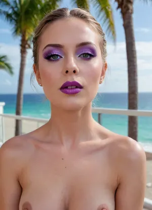 bimbo woman, high detail of the face, individual standing outdoors on a balcony overlooking a tropical beach and ocean. bimbo woman is dressed in a transparent two-piece peignoir of medium length through which purple nipples with piercing in the form of platinum rings connected by a chain are visible., (big lipstik purple:1.3), hair is styled in a neat braid, and they are gazing directly ahead with a relaxed posture., ((makeup:1.3), long blue eyelashes, green eye shadow, glossy pearl lipstick), The background includes clear skies, a distant ocean horizon, palm trees, and elements of a modern building. The scene exudes a sunny, vacation-like atmosphere., artoflips, uoclips, lips, lipstick, art, of, CUM, DONATION, ASSISTANCE, FELLATIO, TITS, SEX, HANDJOB, FOOTJOB, AFTER, VAGINAL, makeup, eyeliner, eyelashes, <lora:Art_Of_Lips_PONY_XL_By_UOC:.9>, <lora:CUM DONATION ASSISTANCE:2>, <lora:Modern_MakeUp_XL_v0_1:1.7>