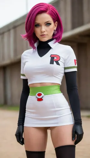 Jessie from Team Rocket has long, curled, magenta hair and blue eyes, and always wears large green pearl earrings. She wears a customized Team Rocket uniform consisting of a black crop top, a white shirt with a red "R" emblem, a white miniskirt, and high-heeled, thigh-high grey or black boots and gloves. Hair and Face
Hair, Long, magenta hair that she often styles in a comet-tail behind her head. Eyes, Blue. Accessories, Always wears large green orb earrings, which are a signature part of her look. Clothing
Upper body, A short, black crop top that exposes her midriff, worn under a white, high-collared, short-sleeved shirt with a large red "R" on the front. Lower body, A short white miniskirt. Footwear, High-heeled, thigh-high grey or black boots. Hands, Shoulder-length gloves, often black.