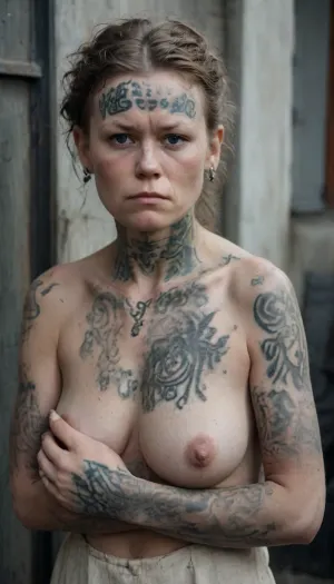 victorian era, naked woman, photo of the Victorian era, naked pussy, 18 years old, photo of the 1880s, side view, full-length photo, straight torso, no waist, very crooked legs, thick knees, spread legs, photo quality of the 1800s, sefiya, hairy pussy, pregnant, victorian era face, without makeup, peasant woman, poor man, on the street, ugly face, dirty, sweaty, hairy, serious, unkempt, sharp facial features, <lora:fdec:1.8>, <lora:Chun-Li-Pony:1.9>, <lora:MJ52:.8>, NEGATIVE HANDS, (Scandinavian tattoo on the arm:1.6), (Scandinavian tattoo on the ass:1.6)