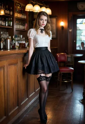 Alice from Wonderland in a very short skirt and lacy black stockings in a bar, raw, lighting, overexposed, harsh, flash, <lora:Rawfully Stylish v0.2_epoch_20:.8>, <lora:MJ52:.8>