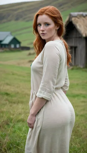 Ireland, 1845, ((natural red hair)), wavy hair, ((emerald green eyes)), ((upturned nose)), ((pretty face, freckled nose)), ((long linen tunic)), lush green grass, rolling hills, sunny blue skies, mist, ((basic wooden shacks with thatched roofs)), Irish countryside, ((large soft saggy breasts)), round ass, very pale skin, thin waist, show ass, bending forward, hairy pussy, lifting tunic over waist