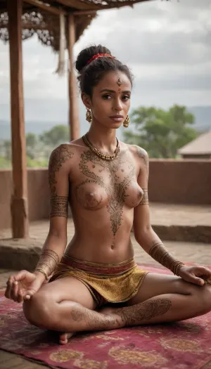 A beautiful slender Ethiopian preistess, (mehndi art:1.5), anorexic, bony, full body view, meditating in an Ethiopian village center, sun breaking through clouds