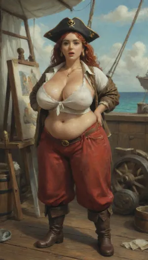 Mature adult, Pirate, on a pirate ship, (full body), wet body, oil painting style, (bbw:1.3), wide hips, (big breast:1.5), saggy tits, small retro hairstyle, red hair, surprise face, open mouth, wide open eyes, bulge bell, golden jewelry, pirate hat, pirate shirt, pirate jacket, pirate boots, pirate open pants, (pirate sword:1.5), chest of gold, a telescope in his hand, a pirate cannon, <lora:ClassipeintXL2.1:.8>, oil, painting, <lora:EnvyAnimeOilXL01:.8>