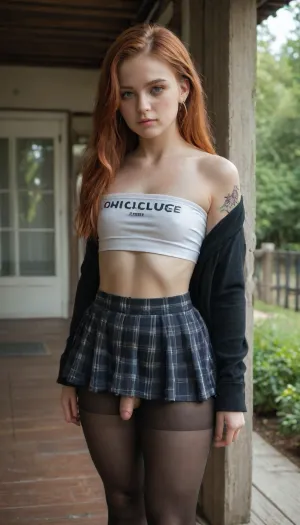 Caucasian beauty, 28 years old, pale skin, oversized thick thighs. Femboy, small penis buldge, wide hips. Big fat ass. Blue eyes, flat chest, medusa piercing, freckles, red hair, ginger, shoulder-length hair, round face, sleeve tattoo, (wearing a mini skirt, pantyhose and off-shoulder top), on a porch, trees in background, chapp3ll, orange, hair, bangs, blue, eyes, <lora:1369490_training_data:.8>