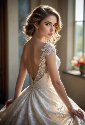 artistic, portrait, view from back, flowers, a stunning supermodel, a beautifully detailed face with captivating eyes and a serene expression, natural beauty, flawless skin, delicate features, blends modern and traditional elements, elegant lines, vibrant colors, exquisite details, her hair is styled in an intricate and unique fashion, ethereal and timeless aura, the lighting enhances her features, creating a soft interplay of light and shadow, clarity, she is wearing a lace wedding dress, stretching pose, floating hair, breathtakingly, radiant, magnificent, engaging with space, interplay of light and shadow, beautiful colors, vibrant colorings, high dynamic, amazing depth, slow shutter speed, elaborate and elegant elements, timeless fine art. END, /#©KlTTY-ART/