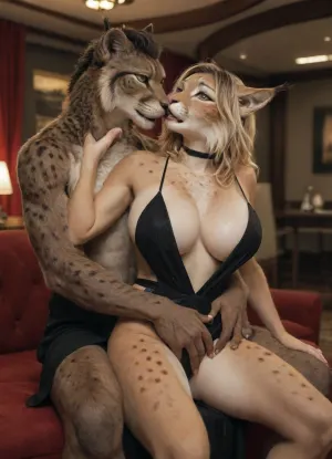 masterpiece, best quality, good quality, very awa, newest, highres, absurdres, very aesthetic, vocative composition, stylized lighting, dynamic contrasts, 1girl, 1boy, furry with furry, couple, portrait, furry male, anthro panther male, athletic male, determined male, furry female, anthro, beautiful woman, cute woman, anthro lynx woman, massive breasts, big eyes, yellow eyes, (revealing clothes:1.7), black dress, elegant dress, black choker, nightclub attire, in heat, cannot wait to get fucked, blushing, looking pleasured, turning to partner, kissing, love, holding from behind, fingering through panties, sitting, reverse upright straddle, breast slip, strap slip, (((furry art, furry anthro duo, fur)))
