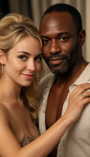(close up couple selfie:1.6), effortlessly sexy Caucasian Woman age 21, (she is home with an fit casually dressed older African man age 45:1.6), In his apartment, (she only met him 20 minuets ago but she knows he the one:1.5), her pretty smile, he can't believe his luck, her strapless dress, her long blond hair, her big tits, lusty, sexy, tonight she all is his slut, she thinks this is a great idea, she knows she will let him do anything, she is feeling wild and adventurous and slutty, (Night time:1.5), her sexy smile, (his hand gropes her pussy), <lora:MJ52:.8>, <lora:1122530_training_data:.8>