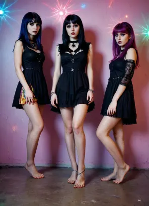 lomo artistic starburst filter grainy film photograph portrait of a goth girl band, posing on a wall, (barefoot), haute couture, colorful lights, psychedelic, a hologram, holography, monotones, blown out, (prominent feet), RealFeet, <lora:191086_training_data:1.888>, <lora:RealFeet:.777>