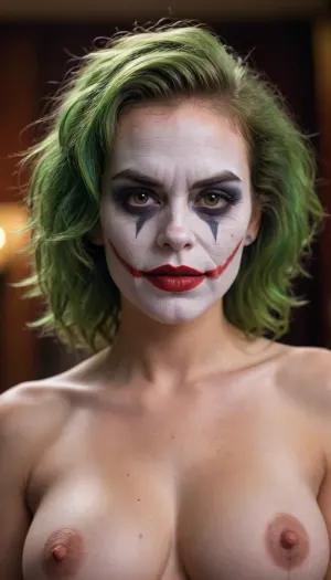 Naked woman with big breasts and a hairy pussy wearing the joker’s makeup