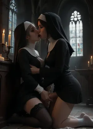 vside view, two_mature_grannies_futanari, 55 years old, futanari, penis, medium breasts, breasts open, upskirt, cum, very_big_cumshot, vintage long stockings, ((cock sucking)), kneeling blowjob, head_hugging, futa dominates woman, closed_eyes, cleavage, uncensored, testicles, erection, monk's robe, gray_hair, skirt, medium_breasts, miniskirt, medium_length_hair, big_ass, very_big_hips, very_big_thighs, open_mouth, cum_in_mouth, gothic_church_inside, candles, long_sleeves, ejaculation, futa_with_woman, futa_on_futa, moaning, hug, realistic, lifted_skirt, runny_makeup, (makeup smeared from tears), tears, (crying), embarrassed, blush, orgasm facial expression, ruined makeup, flowing tears, fine lines on face, cum on thighs, cum on nun's cassock, nun's headdress, DIY, masturbation, gothic_night_church, dark_church, center aisle, (red-blue neon lighting), <lora:fog_creatures_v4:2>, <lora:dark:2>, <lora:G0th1c_church:.2>