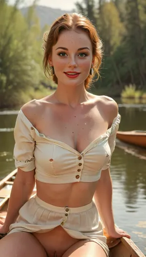 Score_9, in the style of Gil Elvgren, draw a sexy masterpiece of the 1950s of a gorgeous sexy busty 40-year-old mother sitting in a canoe while giving the viewer a seductive smile, wearing a crisp white blouse with most of the buttons unbuttoned, the brown skirt is lifted up, revealing a shaved pussy, freckles, makeup with eyeshadow, earrings, cleavage, teasing, (minimalist background including the canoe and the lake it’s in as well as reeds and lilypads and the sun), gil, elvgren, <lora:ge-xl:1.5>, <lora:MJ52:.8>, flat, chested, <lora:flat_chested_v3.5:.8>, upskirt, vagina, out, rear, shot, front, <lora:upskirt:.8>, uberfit, muscular, athletic, <lora:uberfit_lora_sdxl:.8>