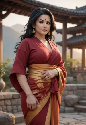 Dragon Ball character Chi-Chi, re-imagined as a Indian gilf, 60+ slut, old strong mature milf, old graceful woman in her 50s, milf woman, chubby, big tits, busty figure, horny, seductive pose, standing in the courtyard of her mountain home at sunset. Her long black hair flows in the wind, and she wears a deep red kimono with gold accents. Her eyes are calm but intense, carrying years of strength and wisdom. Warm orange sunlight highlights her face, soft mist drifts around the mountains behind her. Cinematic lighting, painterly anime realism, ultra-detailed textures, emotional atmosphere, high-resolution 4K illustration.