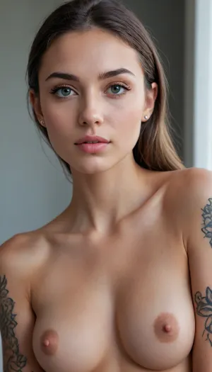 picture of a young 22 year old woman with a gently rounded, somewhat oval face shape. She has a soft jawline and a subtly defined chin that tapers slightly. Her mouth is big-sized with full, naturally pink lips, the upper lip having a gentle cupid's bow and the lower lip being slightly fuller. The nose is straight and slender with a delicate tip. Her cheeks are softly full, giving her a youthful appearance. She has expressive, almond-shaped eyes with dark brown irises, a slight upward tilt at the outer corners, and a noticeable eyeliner wing. Her eyebrows are medium-thick, well-groomed, and naturally arched, with a subtle eyebrow piercing above one eye. Her hair is long, straight, and dark brown, almost black, styled loosely around her shoulders. She has a small, delicate stud piercing on her neck/collarbone area and a noticeable sleeve tattoo on her right arm, featuring intricate patterns and possibly animal motifs, visible on her shoulder and upper arm and lower arm. she is naked.

very skinny body, small breast, big round firm butt, perfect feet, very muscular calves, very light skin that is slightly tanned, slightly longer and bigger labia and larger clitoris, high detailed face, high detailed pussy, high detailed asshole, very detailed eyes and face, entire body is oiled and shiny.

Full body in view, feet in view.

Lighting and style, studio-quality soft, even lighting with subtle directional key light from the front-left to create gentle modeling on the body, shallow depth of field, natural color grading, high-resolution detail, (hyperrealistic, 4k), realistic skin pores, individual hair strands visible. Background, bedroom and simple muted textured backdrop, (cool gray-blue), so the subject’s warm skin and hair stand out. Post-processing, minimal — no heavy retouching, no artistic filters, preserve natural imperfections and texture. Output, photorealistic, true-to-life likeness, high detail, natural tones."