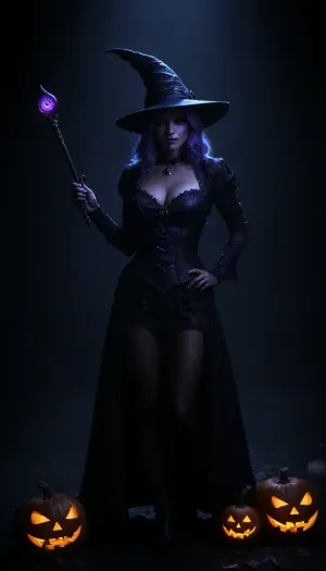 A woman in a Halloween magician cosplay, inspired by The Nightmare Before Christmas. Gothic and whimsical style, standing in a moonlit night surrounded by glowing pumpkins. Color palette, black, purple, orange, and midnight blue. She wears a tall, twisted witch hat, silver-purple-white hair with violet glow, brown eyes, she holds a scepter., ((glwn, glow, neon, blacklight:1.8)), Elegant outfit with a black corset opened, large breast, asymmetrical skirt, black garter belt, ripped, black tights, lace details, and moon patterns. the pumpkins look at the witch in fears, the tears are candle wax dripping on the ground. Misty atmosphere, mysterious and magical mood, skeletons, bones, crows, stylized graveyard background, dark cinematic lighting, semi-realistic fantasy art. dark, chiaroscuro, low-key, cindrt, Dark, Magician, Girl, Yu-Gi-Oh!, <lora:zavy-cntrst-sdxl:1.8>, <lora:dark:1.4>, <lora:cindrt:.8>, <lora:dark_magician_girl_xl_v4:.4>