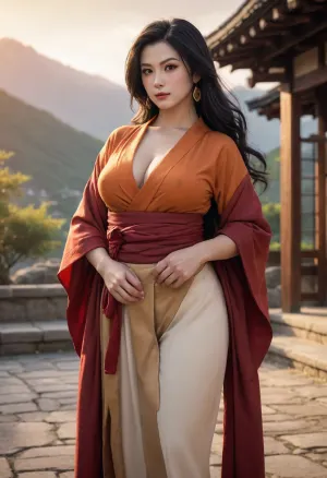Dragon Ball character Chi-Chi, re-imagined as a strong, old graceful woman in her 50s, milf woman, chubby, big tits, busty figure, horny, seductive pose, standing in the courtyard of her mountain home at sunset. Her long black hair flows in the wind, and she wears a deep red kimono with gold accents. Her eyes are calm but intense, carrying years of strength and wisdom. Warm orange sunlight highlights her face, soft mist drifts around the mountains behind her. Cinematic lighting, painterly anime realism, ultra-detailed textures, emotional atmosphere, high-resolution 4K illustration.