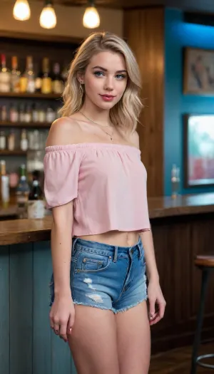 beautiful sexy slender 22 year old blonde woman standing at a bar, (dirty-blonde hair), (soft facial features, (girl-next-door face)), (wearing a flowy, off-the-shoulder top in a soft pink shade), (wearing tight blue high-waisted shorts), (wearing heeled studded booties), (glittery lipstick), silver necklace, hoop earrings, (legs and feet in picture)