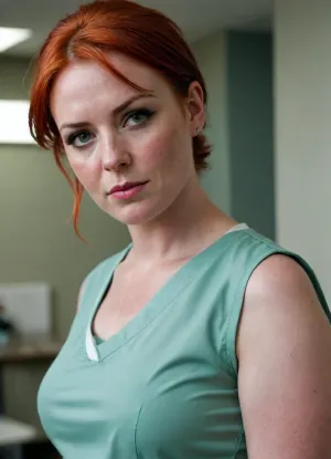A nurse very strong big milf, short bright red hair, (very wet hair), chubby very powerful body, very big strong shoulders, Very strong wide forearms.A very strong very powerful broad-shouldered woman.
Closed green surgical nurse uniform, gray dirty bra visible.
Very freckled.She very evil, looks at me very angrily, with a hateful look from under his brows and frowns.
super realistic