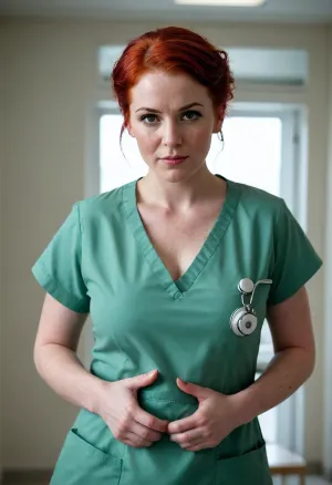 A nurse very strong big milf, short bright red hair, (very wet hair), chubby very powerful body, very big strong shoulders, Very strong wide forearms.A very strong very powerful broad-shouldered woman.
A closed green surgical uniform of a nurse with half-covered shoulders, a gray dirty bra is visible.
Very freckled.She very evil, looks at me very angrily, with a hateful look from under his brows and frowns.
super realistic