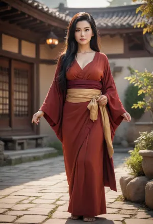 Dragon Ball character Chi-Chi, re-imagined as a old strong mature milf, old graceful woman in her 50s, milf woman, chubby, big tits, busty figure, horny, seductive pose, standing in the courtyard of her mountain home at sunset. Her long black hair flows in the wind, and she wears a deep red kimono with gold accents. Her eyes are calm but intense, carrying years of strength and wisdom. Warm orange sunlight highlights her face, soft mist drifts around the mountains behind her. Cinematic lighting, painterly anime realism, ultra-detailed textures, emotional atmosphere, high-resolution 4K illustration.