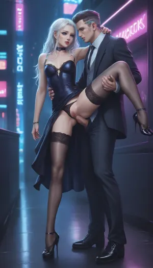 standing sex, anal sex, man in a suit, girl in a dress, beautiful girl, cute face, futuristic makeup, futuristic city, night, purple lighting, neon lights, white hair, long hair, long legs, stockings, high-heeled shoes, pussy, no panties, legs spread, lace, chic dress, (cyberpunk:1.2)