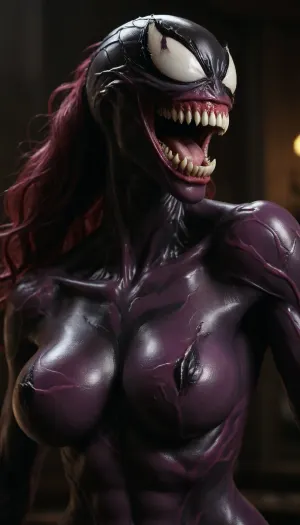Hyperrealistic art, venom is a purple character with a large sexy grin, venom symbiote, 8 k cg render, venom, carnage, symbiote, 8k render, hyperreal highly detailed 8 k, 8 k high detail concept art, huge big breasts, hyper real render, 3 d render character art 8 k, 8k octane render, 8 k octane render, high detail 8 k render . Extremely high-resolution details, photographic, realism pushed to extreme, fine texture, incredibly lifelike, holding her large breasts, <lora:She-Venom-FFusion.LORA:1>