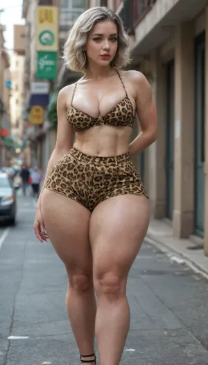 Cinematic, 4K, (perfect quality:1.9), (ultra realistic detail:1.9), (hdr:1.3), leica SLR camera, (Bright diffused reflected lighting), sharp clear focus, perfect composition of lights and shadows, Depth of Field, (high budget), (high ratingcinemascope), 50 mm lens, 1/100s, f/5.0, ISO 350, (3/4 profile shot), eyes contact, (Mature beautiful tall skinny woman 30 years old), (Walking down the street:1.1), (In Brazilian leopard-print shorts:1.6), (In high heels), (Cleavage:1.4), Cute realistic micro-detailed face, satisfaction, open mouth, (Detailed huge expressive blue eyes), Long cat eyelashes, (Huge thick bright pink matte lips), bob cut, ash-silver hair, (Pale photorealistic wet skin with micro-roughness:1.5), (extremely gigantic, round a-shaped, juicy ass:1.7), (athletic wide hips:1.3), (athletic toned legs:1.5), (toned thighs), (narrow slim waist:1.3), big toned boobs, (voluminous, phat buttocks with an uneven hyper-detailed texture of cellulite deposits:1.1), (Queen of Spades brand tattoo on the buttock:1.2), (Perfect hangs with fingers), accurate anatomy.