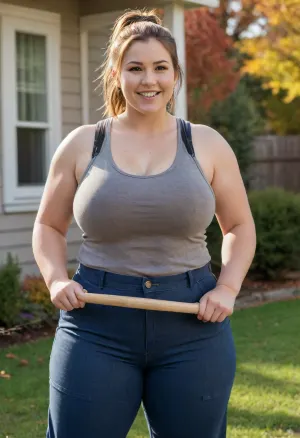 extremely detailed, candid picture, realistic photograph of a cute, chubby, 30-year old woman, Caucasian American, big chubby face, massive pust, pretty round face, light brown hair, PonyTail, (detailed chubby face), big hips, wide loose worker trousers, Cargo pants, (flannel shirt over tank top), happy expression, holding rake, standing on lawn of nice suburban house, autumn, sunshine, fat ass, strong thighs, flat, chest, big, breasts, huge, gigantic, hips, thighs, wide, thick, plump, belly, female, arms, extra, <lora:Venus_Body_Alpha:.3>