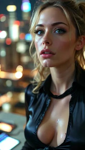 Close up, Stunning 30 year old cum covered secretary, on knees looking up at viewer in high rise office at night over looking a city, ((has just taken a massive cum facial)), hair tied up, tight black satin blouse, ((cum on face, cum on blouse, cum everywhere)), pov viewer looking down on her from above, sexy expression, woman, cum, on, face, <lora:MJ52:.2>, <lora:BUT_SDXL_SHS:.9>, <lora:add-detail-xl:1.7>, <lora:CinematicStyle_v1:2>, <lora:JustCum:2>