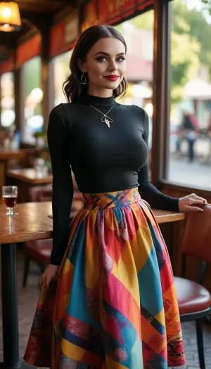 (Busty), (skinny), (((black long sleeve top, multicolor geometric pattern long skirt))), high heels, 30 years old, 5’4”, beautiful detailed eyes, Wednesday Addams, brunette, waist, key visual, vibrant, highly detailed, (((smiling))), (((full body portrait))), retro sunglasses, sitting in an outdoor cafe, bright, sunny, drinking wine, <lora:bombshell_v2:.2>, <lora:MJ52:.1>