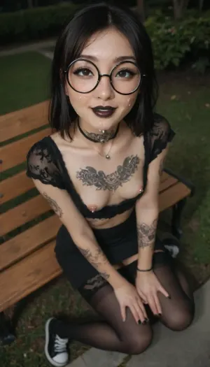 Petite gothic girl, (asian:2), (((black lipstick))), slim body, full body tattoo, (((round glasses))), (perfect glasses), (21 years girl), (slender girl), cute girl, pretty girl, super cute face, pale skin, eyeliner, (((black lips))), very smiling, perfect eyes, pierced nipples, view full body, (in park on night), smiling, square cut, dark hair, ((straight hair)), green eyes, (necklace), (lace top), ((black top)), (short skirt), ((black stocking)), black sneakers, Sweaty, highly detailed, Hd, 4k professional photography, (sit on bench), view from above, (cum on face), (cum on clothes)