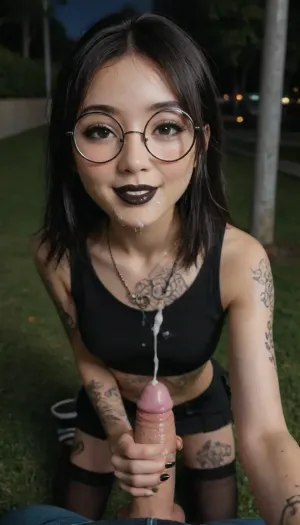 Petite gothic girl, (asian:2), (((black lipstick))), slim body, full body tattoo, (((round glasses))), (perfect glasses), (21 years girl), (slender girl), cute girl, pretty girl, super cute face, pale skin, eyeliner, (((black lips))), very smiling, perfect eyes, view full body, (in park on night), smiling, square cut, dark hair, ((straight hair)), green eyes, (necklace), (lace top), (((black top))), (short skirt), ((black stocking)), black sneakers, Sweaty, highly detailed, Hd, 4k professional photography, (kneeling), pov, handjob, view from above, (cum on face), (cum on clothes)