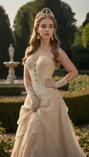 (masterpiece, best quality, photorealistic, ultra detailed, highres), 1girl, 20 year old woman, incredibly beautiful face with perfect symmetry and delicate bone structure, large expressive grey blue eyes framed by thick curled lashes, full peach lips, flawless pale porcelain skin with soft warm radiance, hyperfeminine hourglass body with ultra narrow waist, full wide hips, perfectly lifted large breasts tightly supported by fitted corset, long shapely legs, graceful seductive stance with soft hip tilt and shoulders gently drawn back, arms relaxed at sides or softly touching dress, hair styled in elaborate Belle Époque-inspired updo combined with long loose voluminous waves cascading past her waist, small floral pins and pearl accents in hair, wearing elegant cream ivory lace dress with tightly cinched high corset waist and flowing silk skirt hugging curves, intricate floral embroidery and semi-sheer layered textures, long lace gloves, delicate feathered mini hat with translucent veil, pearl drop earrings and gold heart locket, breeze lifting ends of her long hair and skirt, standing beside marble statue in the blooming Tuileries Garden, manicured hedges, pastel roses, distant classical fountain, soft golden afternoon light highlighting contours, cinematic framing, shallow depth of field, HDR, pastel color palette, soft haze, <lora:add-detail-xl:.75>, <lora:PerfectEyesXL:1>, <lora:cfg_scale_boost:.6>