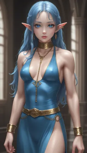 young slender elf in a transparent blue dress, blue hair, long hair, decline, (medium breast:1.5), wide gold belt, golden slave collar, uberfit, muscular, athletic, <lora:uberfit_lora_sdxl:1>