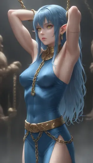 young slender elf in a transparent blue dress, blue hair, long hair, decline, (medium breast:1.5), wide gold belt, golden slave collar with a chain, gold slave bracelets on her arms, (smooth armpits:1.5), uberfit, muscular, athletic, (negative_v2, Color_Balance_Calibration:.8), (many, hands, caress, a, woman's, body:1.3), <lora:uberfit_lora_sdxl:1>