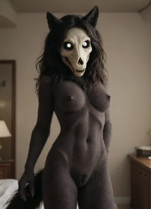 masterpiece, best quality, absurdres, highres, high quality, highly detailed, ((mammal female, Character, mal0, malo, scp-1471-a, anthro woman)), wolf, furry female, detailed fur, fluffy fur, gray fur, skull, crotch tuft, tail, (((high Quality, scp-1471)))