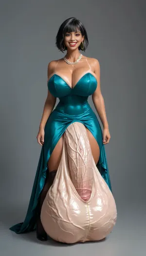 Futanari, (massive big cock, big tanned penis to the knees, detailed wet veiny erect penis, gigantic veiny heavy balls, massive huge ball sack, very massive veiny scrotum), massive very big futa cock bulge, (huge cock bulge), big futa penis to the knees, massive heavy futa balls, glamour portrait of a lovely latina futanari shemale, massive milky breasts, playful smile, perfect thin fine nose, eye liner, thick eyebrows, red lips, looking at viewer, tanned skin, long black hair, bobcut hair style, large thick golden hoop earring, necklaces, warm grey empty room background, dark skin, very sexy, laughing, ultrarealistic, ultra high definition, 8K, masterpiece, 1girl, large, breast, green, eyes, dress, necklace, short, black, hair, bangs, thighhighs, jewelry, <lora:xl_more_art-full_v1:.8>, <lora:add-detail-xl:.8>, <lora:209970_training_data:.8>, <lora:Fubuki1024:.8>