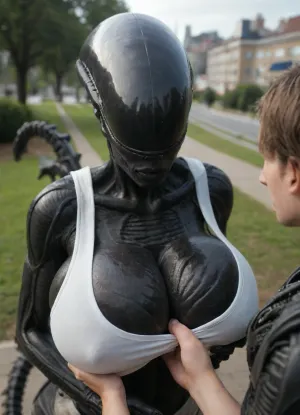 masterpiece, best quality, absurdres, highres, high quality, highly detailed, ((alien female, Character, xenomorph anthro woman)), 1girl, xenomorph, alien, monster, very black skin, black skin, thick black lips, no eyes, no humans, (theme), closed mouth, spiked tail, tall female, thick eyebrows, heavy breathing, blush, gigantic breasts, curvy, tail, white sports bra, cleavage, areola slip. dutch angle, dynamic angle, breast focus, female focus, upper body, from above, standing, top pull, grabbing another's breast, squeezing, 1boy, human, light skin, arm hair, detailed background, outdoors, depth of field, park, city, sunlight, cloud, (((furry art, furry woman)))