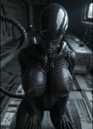 masterpiece, best quality, absurdres, highres, high quality, highly detailed, ((mammal female, Character, xenomorph anthro woman)), (((thick outlines, black outline))), 1girl, xenomorph, alien, monster, very black skin, black skin, full lips, no eyes, no humans, (theme), saliva trail, closed mouth, breasts, spiked tail, tall female, huge ass, wide hips, thick thighs, curvy, dutch angle, from above, massive breasts, skindentation, precum, motion lines, detailed background, spacecraft, science fiction, dark, dark lighting, HDR, detailed lighting, volumetric lighting, shadow