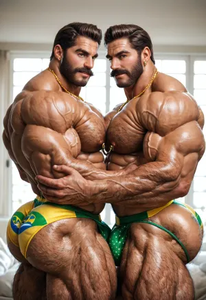 2 big muscles old matures twins brothers men, 60-years-old, identical brorhers, (twins brothers:1.5), muscles, big muscles, (big muscles:1.3), brown hair, hairy body, brown beard, brown mustache, (hairy ass:1.4), two big muscles matures twins brothers men, big pecs, big bulges, big ass, big butts, (fat booty:1.5), showing their ass, wwearing tight speedos, (brazilian pattern:1.5), tight open shirts, golden chain necklaces, hugging on luxurious yacht, nice yacht, (big bulges:1.3), (big beefy daddy:1.6), couple daddy, only men, gay, both daddys looking to the viewer, cool pose, duo