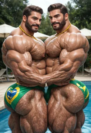 2 big muscles old matures twins brothers men, 60-years-old, identical brorhers, (twins brothers:1.5), muscles, big muscles, (big muscles:1.3), brown hair, hairy body, brown beard, brown mustache, (hairy ass:1.4), two big muscles matures twins brothers men, big pecs, big bulges, big ass, big butts, (fat booty:1.7), (big round ass:1.7), showing their ass, wwearing tight speedos, (brazilian pattern:1.5), tight open shirts, golden chain necklaces, hugging on poolside, (big bulges:1.3), (big beefy daddy:1.6), couple daddy, only men, gay, both daddys looking to the viewer, cool pose, duo