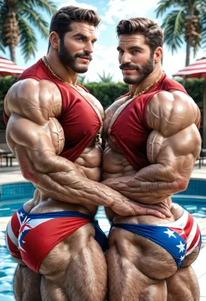 2 big muscles old matures twins brothers men, 60-years-old, identical brorhers, (twins brothers:1.5), muscles, big muscles, (big muscles:1.3), brown hair, hairy body, brown beard, brown mustache, (hairy ass:1.4), two big muscles matures twins brothers men, big pecs, big bulges, big ass, big butts, (fat booty:1.7), (big round ass:1.7), showing their ass, wwearing tight speedos, (french flag pattern:1.6), tight open shirts, golden chain necklaces, hugging on poolside, (big bulges:1.3), (big beefy daddy:1.6), couple daddy, only men, gay, both daddys looking to the viewer, cool pose, duo