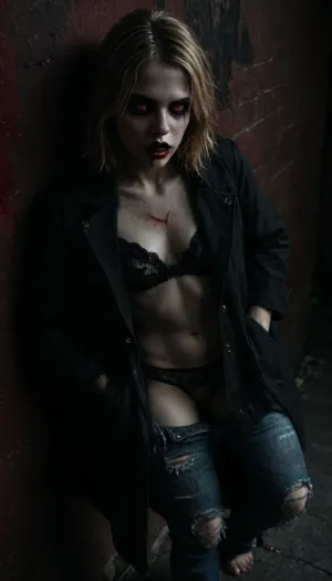 High-detail images, beautiful woman, beautiful face, Beautiful body, beautiful hands, beautiful feet, beautiful fingers, beautiful eyes, Beautiful ears, outdoor, public street, bus stop, night TIME, snow, winter, moon light, Fog, mist, (young face:1), (angry face:.5), very long hair, blonde hair, red eyes, emo style makeup, Black lipstick, (vampire girl:1.5), blood on mouth, (young body type:1), (Pale skin:1.5), a-cup chest, Moles, Wrinkles, Freckles, Veins, marks, Dressed Coat, Lingerie, torn jeans, Wet panties, hairy pussy, Hands in pocket Coat, Leg up on a wall pose, View from above, (<lora:detailed_notrigger:.9>:1), (<lora:dark:.65>:1), (<lora:detailer-xl:.9>:1), (<lora:LCM_LoRA_Weights_SDXL:.1>:1), (<lora:EnvyZoomSliderXL01:1.5>:1)