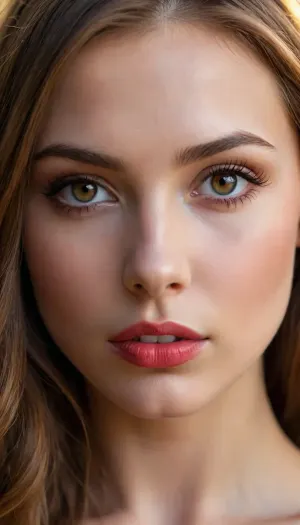 A stunning young woman with long, flowing chestnut-brown hair illuminated by warm sunlight. Her eyes are captivating, deep hazel with a golden glow, framed by thick lashes. Her lips are full and painted a bold, seductive red, complementing her flawless, smooth skin with a subtle sun-kissed glow. Her expression is confident, alluring, and slightly mysterious.