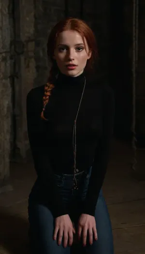 Very cute 28yo redhead girl, very beautiful and cute, very pretty, fully clothed, wearing black turtleneck and jeans, skinny face with cheekbones, very sexy, ((full body view)), in a dark basement, ((slave)), (((down on her knees))), masterpiece, ((hands tied)), ((bondage)), ((8k ULTRA HD)), perfect face, ultra detailed face, young and beautiful, big, lips, <lora:Beautify-Supermodel-SDXL:1.3>, <lora:315758_training_data:1.6>