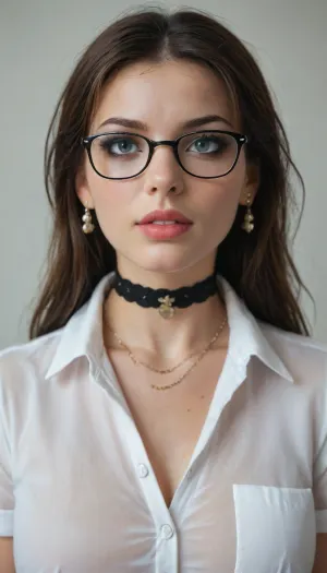 woman sssniperwolf is wearing glasses and choker necklace, extreme close up, highly detailed face wearing heavy makeup, (visible pores:.35), (highly detailed skin:.3), wearing a white button down shirt, best quality, sweetegl, sweetop, swe3tjsk, bl0use, Chun, <lora:sssniperwolf_XL:1.8>, <lora:SweetLolitaXLv4.23:.8>, <lora:Chun-Li-Pony:.8>