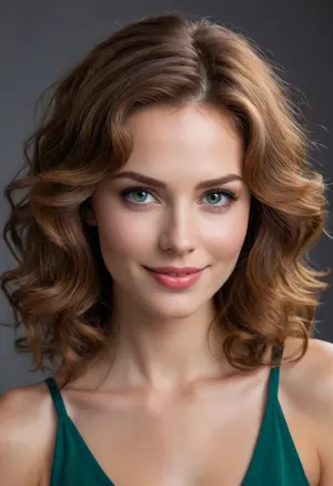 She has an average or tall stature, with a straight and confident posture that conveys grace and determination. Her body is harmonious, with natural curves and a proportionate silhouette that reflects health and vitality.Her face is symmetrical, with delicate features, slightly pronounced cheekbones, a defined chin, and a serene forehead. The skin is luminous and even, whether it is ivory, olive, amber, or dark chocolate—each shade tells a unique story of beauty.Her eyes are deep and magnetic. They can be emerald green, icy blue, golden hazel, or intense black—but what matters is the gaze, vibrant, curious, capable of speaking without words.Her hair frames her face elegantly. Long and wavy like chestnut silk, short and rebellious in raven black, smooth and shiny in honey blonde, or voluminous curly copper—each style reflects persality.The smile is her most disarming feature, wide, sincere, with white teeth like pearls and soft lips, in shades of antique pink or cherry red, that convey warmth and empathy. Her hands are slender, well-groomed, with nails polished in nude, coral, or burgundy shades, adding a touch of elegance. Her style is persal and confident, outfits that enhance without ostentation, in colors ranging from midnight blue to cream white, sage green to ruby red, always in harmony with her spirit.