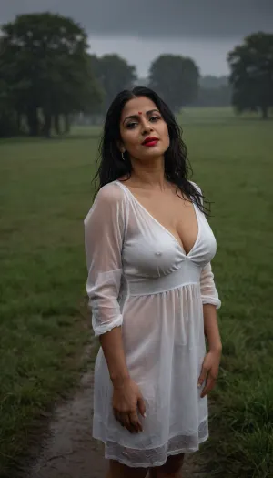 Man named milo 50 yo aged built african and Savita named Indian beautiful chubby milf 40 yo woman, Sexy instagram model standing outside in a field in pouring rain soaking wet. White satin tea party dress, Wet clothes, wet hair, full makeup red lipstick, wet body. high quality photo, erotic, elegant, sensual, seductive, view from in front and below, viewer looking up at model, dark stormy weather dark lighting, wet, hair, wetshirt, savita standing at left and milo the aged man standing beside her at right side holding her hand smiling looking at her, (ultra realistic, realistic, photorealistic, photo realistic, photorealism, photo realism, lifelike, convincing realism), (maximum quality, ultra-detailed, insanely detailed, highly detailed, high quality, uncompressed, raw source photograph, raw image)