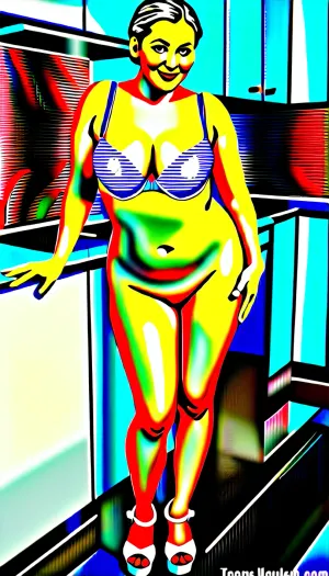 female, granny Housewife 90 years old, chubby, limp tits, platform sandal high heels, stand in kitchen, transparent bra